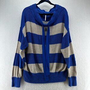 Free People Sweater Size L Cassidy Off The Shoulder Striped Tie Neck Tunic Blue